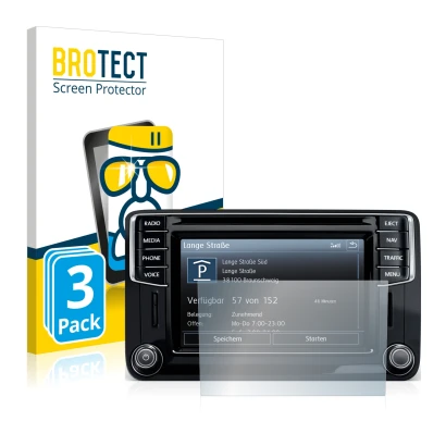 Face avant d’un emballage produit avec le logo de la marque BROTECT. À côté, l’appareil Volkswagen Amarok Discover Media 6.5" 