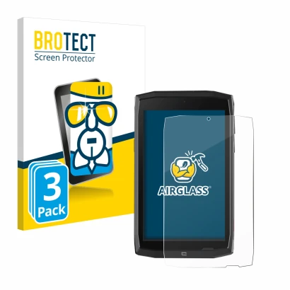 Face avant d’un emballage produit avec le logo de la marque BROTECT. À côté, l’appareil Crosscall Core T4 est représenté avec 