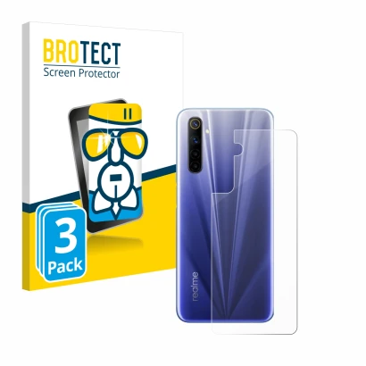 Face avant d’un emballage produit avec le logo de la marque BROTECT. À côté, l’appareil realme 6 (Arrière) est représenté avec