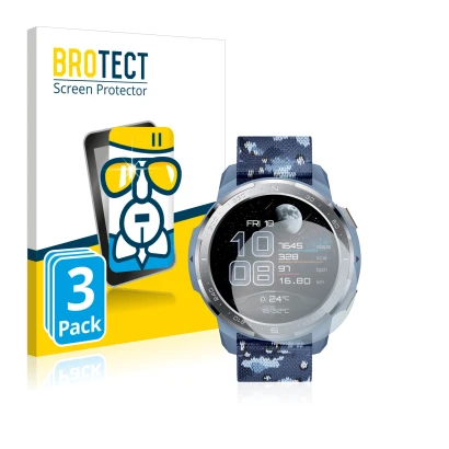 Face avant d’un emballage produit avec le logo de la marque BROTECT. À côté, l’appareil Honor Watch GS Pro est représenté avec