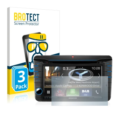 Face avant d’un emballage produit avec le logo de la marque BROTECT. À côté, l’appareil Kenwood DNX518VDABS est représenté ave