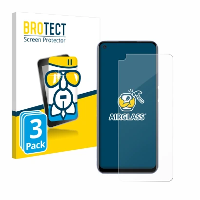 Face avant d’un emballage produit avec le logo de la marque BROTECT. À côté, l’appareil realme Q2 est représenté avec la prote