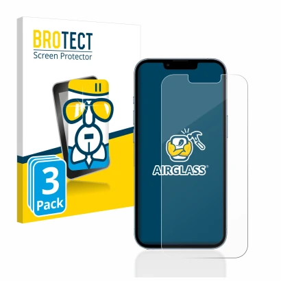 Face avant d’un emballage produit avec le logo de la marque BROTECT. À côté, l’appareil Apple iPhone 13 Pro est représenté ave