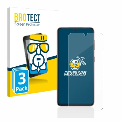 Face avant d’un emballage produit avec le logo de la marque BROTECT. À côté, l’appareil Samsung Galaxy S21 est représenté avec