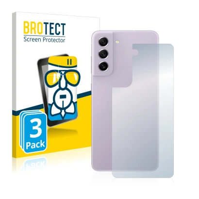 Face avant d’un emballage produit avec le logo de la marque BROTECT. À côté, l’appareil Samsung Galaxy S21 FE 5G (Arrière) est