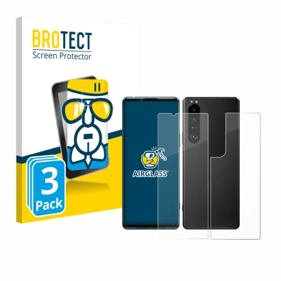 Face avant d’un emballage produit avec le logo de la marque BROTECT. À côté, l’appareil Sony Xperia 5 III (Avant+Arrière) est 