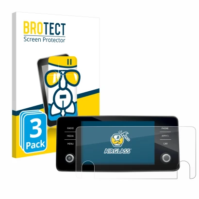 Face avant d’un emballage produit avec le logo de la marque BROTECT. À côté, l’appareil Skoda Bolero 2020 Infotainment System 