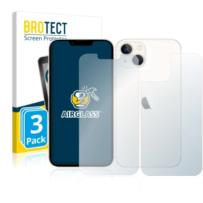 Face avant d’un emballage produit avec le logo de la marque BROTECT. À côté, l’appareil Apple iPhone 13 (Avant+Arrière) est re