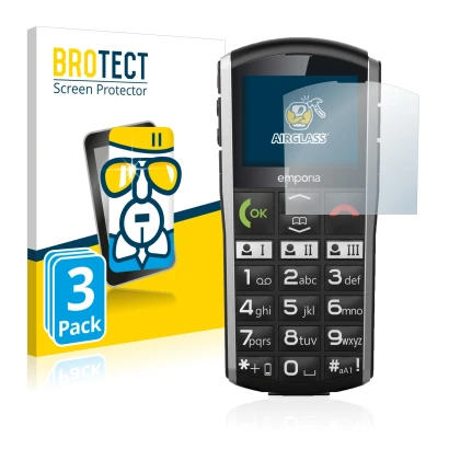 Face avant d’un emballage produit avec le logo de la marque BROTECT. À côté, l’appareil Emporia Simplicity est représenté avec