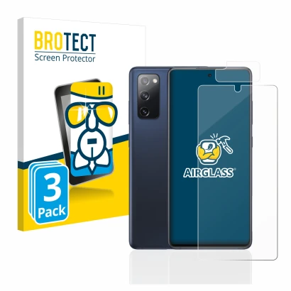 Face avant d’un emballage produit avec le logo de la marque BROTECT. À côté, l’appareil Samsung Galaxy S20 FE (Avant+Caméra) e