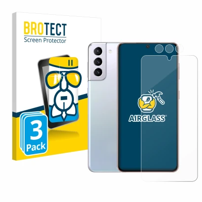 Face avant d’un emballage produit avec le logo de la marque BROTECT. À côté, l’appareil Samsung Galaxy S21 (Avant+Caméra) est