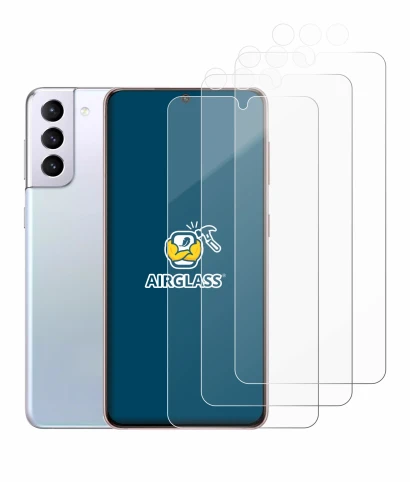 Image de l'appareil Samsung Galaxy S21 (Avant+Caméra) avec une grande variété de protections d'écran.