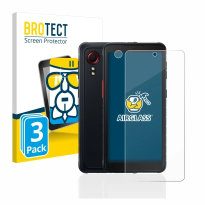 Face avant d’un emballage produit avec le logo de la marque BROTECT. À côté, l’appareil Samsung Galaxy XCover 5 (Avant+Caméra)