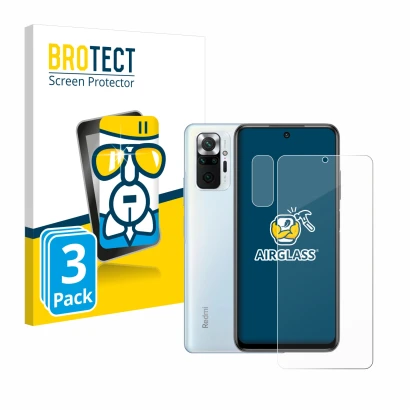 Face avant d’un emballage produit avec le logo de la marque BROTECT. À côté, l’appareil Xiaomi Redmi Note 10 Pro (Avant+Caméra
