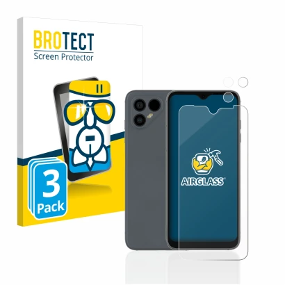 Face avant d’un emballage produit avec le logo de la marque BROTECT. À côté, l’appareil Fairphone 4 (Avant+Caméra) est représe