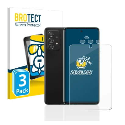 Face avant d’un emballage produit avec le logo de la marque BROTECT. À côté, l’appareil Samsung Galaxy A52s 5G (Avant+Caméra) 