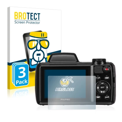 Face avant d’un emballage produit avec le logo de la marque BROTECT. À côté, l’appareil Kodak Pixpro AZ525 est représenté avec
