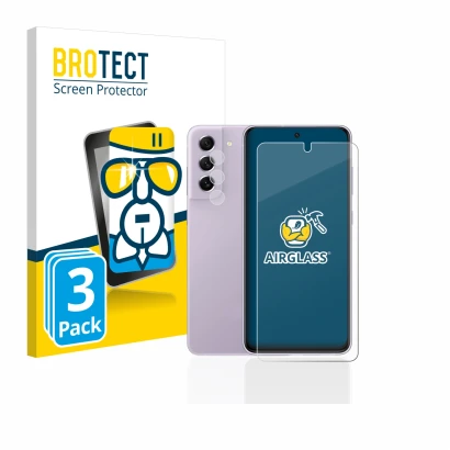 Face avant d’un emballage produit avec le logo de la marque BROTECT. À côté, l’appareil Samsung Galaxy S21 FE 5G (Avant+Caméra