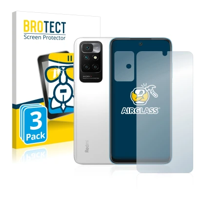 Face avant d’un emballage produit avec le logo de la marque BROTECT. À côté, l’appareil Xiaomi Redmi 10 (Avant+Caméra) est rep