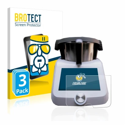 Face avant d’un emballage produit avec le logo de la marque BROTECT. À côté, l’appareil SilverCrest Monsieur Cuisine Smart est