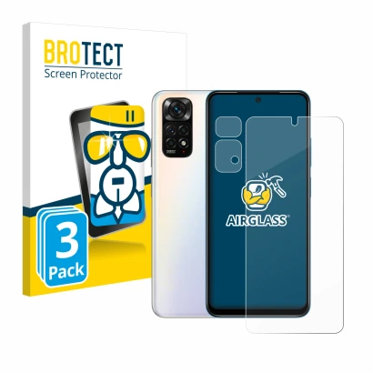 Face avant d’un emballage produit avec le logo de la marque BROTECT. À côté, l’appareil Xiaomi Redmi Note 11S (Avant+Caméra) e