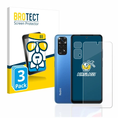 Face avant d’un emballage produit avec le logo de la marque BROTECT. À côté, l’appareil Xiaomi Redmi Note 11 (Avant+Caméra) es