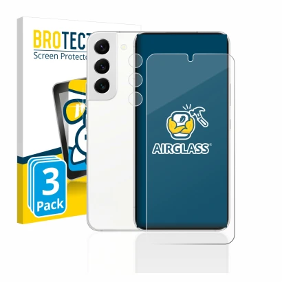 Face avant d’un emballage produit avec le logo de la marque BROTECT. À côté, l’appareil Samsung Galaxy S22 5G (Avant+Caméra) e