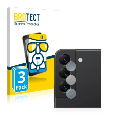 Face avant d’un emballage produit avec le logo de la marque BROTECT. À côté, l’appareil Samsung Galaxy S22 5G (Caméra UNIQUEME