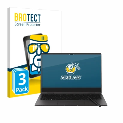 Face avant d’un emballage produit avec le logo de la marque BROTECT. À côté, l’appareil Samsung Galaxy Book2 Pro 360 13.3" est