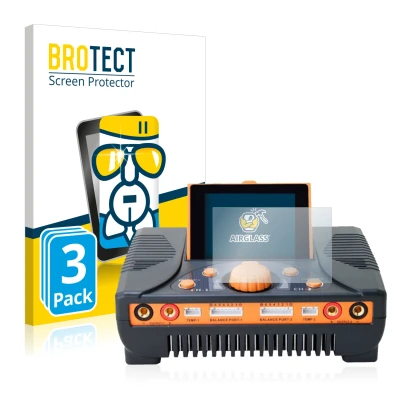 Face avant d’un emballage produit avec le logo de la marque BROTECT. À côté, l’appareil Junsi iCharger 406 Duo est représenté 