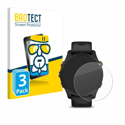 Face avant d’un emballage produit avec le logo de la marque BROTECT. À côté, l’appareil Garmin Forerunner 255 Music est représ