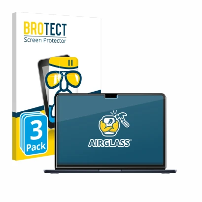 Face avant d’un emballage produit avec le logo de la marque BROTECT. À côté, l’appareil Apple MacBook Air 13