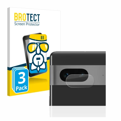 Face avant d’un emballage produit avec le logo de la marque BROTECT. À côté, l’appareil Google Pixel 7 (Caméra UNIQUEMENT) est