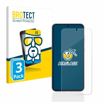 Face avant d’un emballage produit avec le logo de la marque BROTECT. À côté, l’appareil Samsung Galaxy S23 est représenté avec