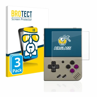 Face avant d’un emballage produit avec le logo de la marque BROTECT. À côté, l’appareil Miyoo Mini Plus est représenté avec la