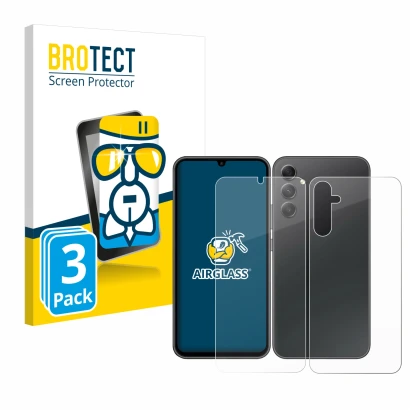 Face avant d’un emballage produit avec le logo de la marque BROTECT. À côté, l’appareil Samsung Galaxy A34 5G (Avant+Arrière) 
