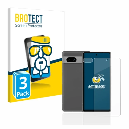 Face avant d’un emballage produit avec le logo de la marque BROTECT. À côté, l’appareil Google Pixel 7a (Avant+Caméra) est rep