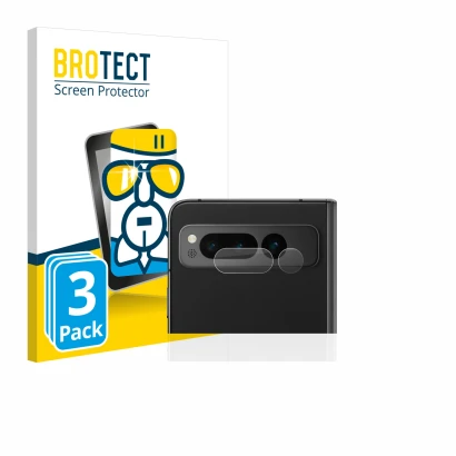 Face avant d’un emballage produit avec le logo de la marque BROTECT. À côté, l’appareil Google Pixel Fold (Caméra UNIQUEMENT) 