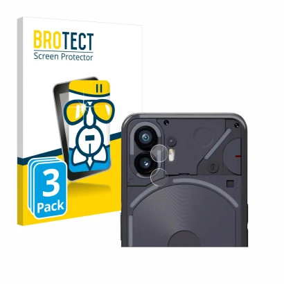 Face avant d’un emballage produit avec le logo de la marque BROTECT. À côté, l’appareil Nothing Phone (2) (Caméra UNIQUEMENT)