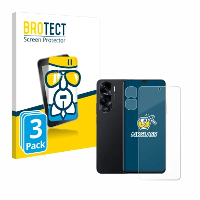 Face avant d’un emballage produit avec le logo de la marque BROTECT. À côté, l’appareil Honor 90 Lite (Avant+Caméra) est repré