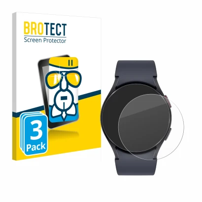 Face avant d’un emballage produit avec le logo de la marque BROTECT. À côté, l’appareil Samsung Galaxy Watch 6 (40 mm) est rep