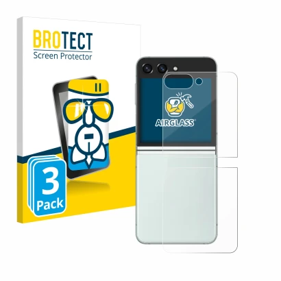 Face avant d’un emballage produit avec le logo de la marque BROTECT. À côté, l’appareil Samsung Galaxy Z Flip 5 (Arrière) est 