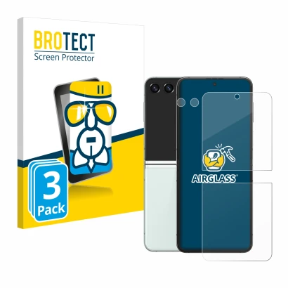 Face avant d’un emballage produit avec le logo de la marque BROTECT. À côté, l’appareil Samsung Galaxy Z Flip 5 (Avant+Caméra)