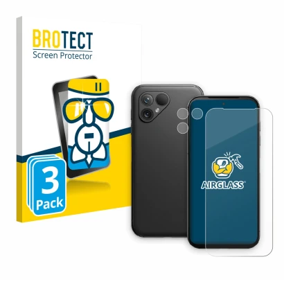 Face avant d’un emballage produit avec le logo de la marque BROTECT. À côté, l’appareil Fairphone 5 (Avant+Caméra) est représe