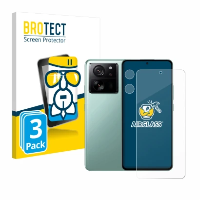 Face avant d’un emballage produit avec le logo de la marque BROTECT. À côté, l’appareil Xiaomi 13T Pro (Avant+Caméra) est repr