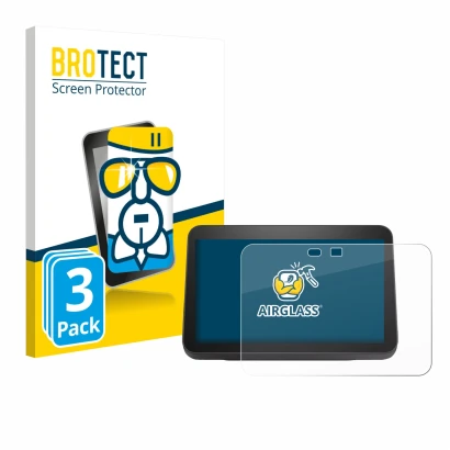 Face avant d’un emballage produit avec le logo de la marque BROTECT. À côté, l’appareil Amazon Echo Show 8 2023 (3ème Gen.) es