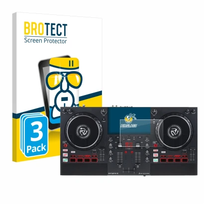 Face avant d’un emballage produit avec le logo de la marque BROTECT. À côté, l’appareil Numark Mixstream Pro+ est représenté a