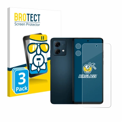 Face avant d’un emballage produit avec le logo de la marque BROTECT. À côté, l’appareil Motorola Moto G84 (Avant+Caméra) est r