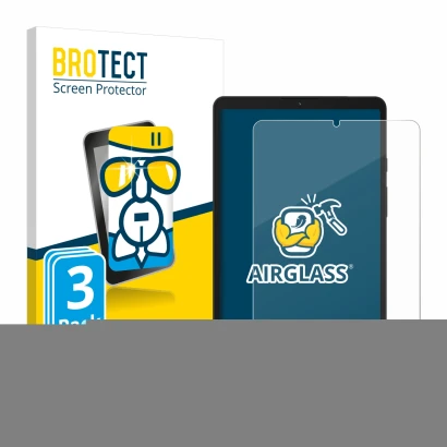 Face avant d’un emballage produit avec le logo de la marque BROTECT. À côté, l’appareil Samsung Galaxy Tab A9 LTE est représen