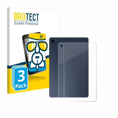 Face avant d’un emballage produit avec le logo de la marque BROTECT. À côté, l’appareil Samsung Galaxy Tab A9 Plus 5G (Arrière